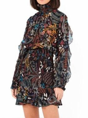 FARM Rio Black Multi Floral Ruffle-Neck Mini Dress
